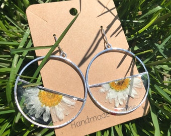 Pressed flower, circle,earrings dangle, hoops