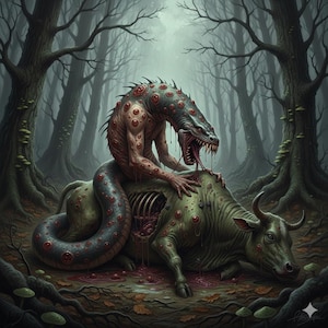 May include: A digital illustration depicts a monstrous creature with a serpentine body and a humanoid upper body, feasting on a decaying bovine carcass in a dark forest. The scene is rendered in muted greens, browns, and reds, creating a horror theme.