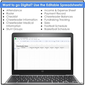 May include: A laptop showing a spreadsheet labelled "Cheerleader Sizes." The screen displays a table with columns for uniform, shirt, and shoe sizes. Above the laptop is a blue banner with the text "Want to go Digital? Use the Editable Spreadsheets!"