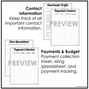 May include: A black and white printable planner with sections for contact information, a cheerleader profile, and payment tracking. The text includes "Contact Information," "Cheerleader Profile," and "Payments & Budget."