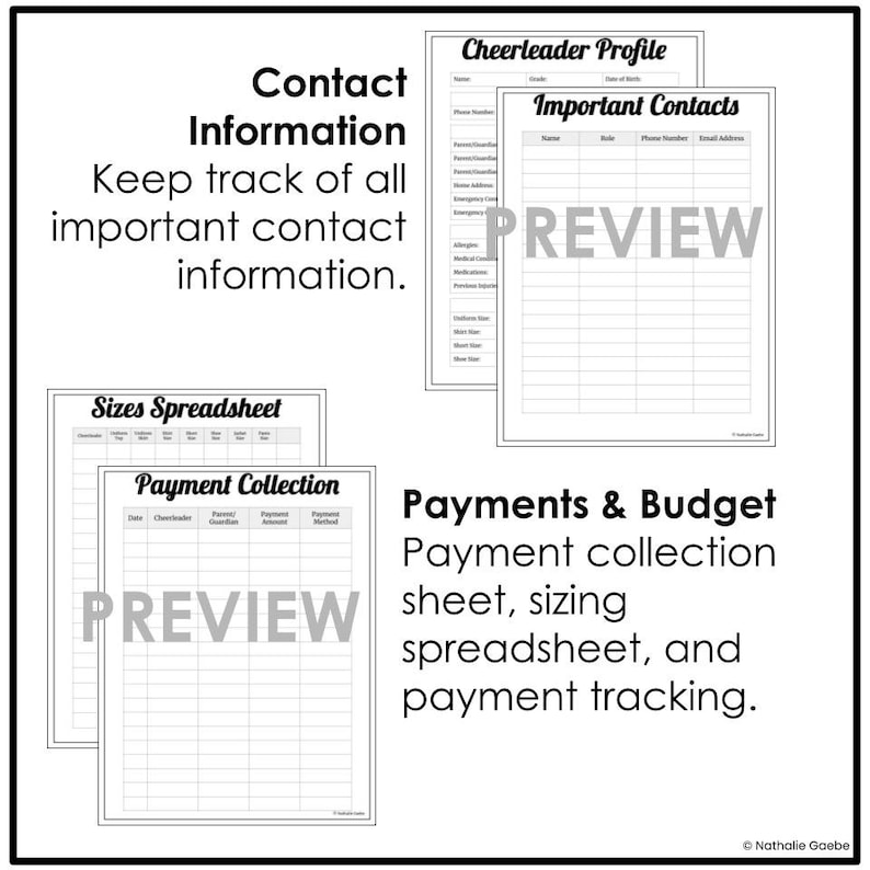 May include: A black and white printable planner with sections for contact information, a cheerleader profile, and payment tracking. The text includes "Contact Information," "Cheerleader Profile," and "Payments & Budget."