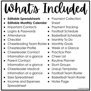 May include: A black and white graphic listing items included, titled "What's Included". The list contains spreadsheets, calendars, contacts, and schedules, including a cheerleading team roster and practice plan.