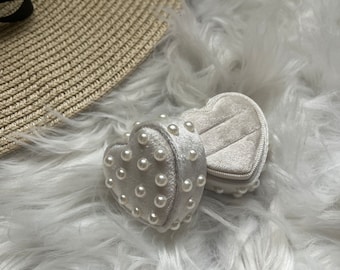 Custom Pearl Velvet Ring Box | White Wedding Ring Box | Proposal Velvet Box | Velvet Ring Box | Heart Modern Pearl Ring Box | Bridal Gift