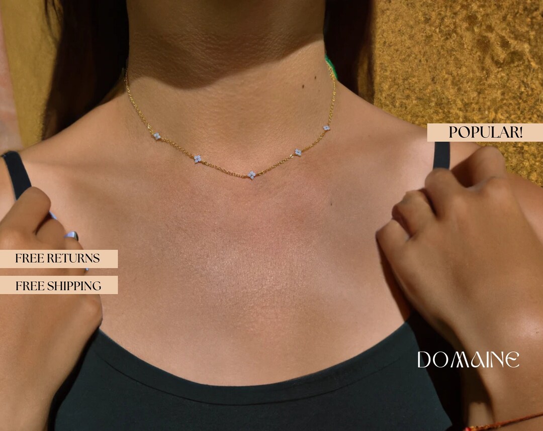 18K Gold Plated Blue Flower Necklace Cute Flower Necklace Etsy