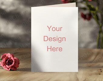 May include: A blank white card with the text "Your Design Here" in pink on a wooden surface with a red rose in the foreground.