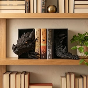 May include: A wooden bookcase with various books and ornaments. A black dragon bookend is on the middle shelf, with the dragon's head on the left and tail on the right. A small potted plant and a gold sphere are also visible.
