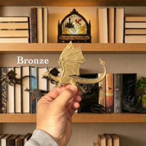 May include: A bronze-coloured dragon figurine with detailed wings, a long spiked tail, and a textured body. The dragon is held in a hand against a background of bookshelves. The text "Bronze" is visible on the left side of the image.