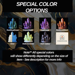 May include: Image showcasing various crystal color options, including Red/Blue/Green, Purple/Black, Pink/Purple, Red/Gold/Black, Glow, Matte Rainbow, and Dark Galaxy. Text reads "SPECIAL COLOR OPTIONS" and "EMBERNOOK". Note: Colors vary by size.