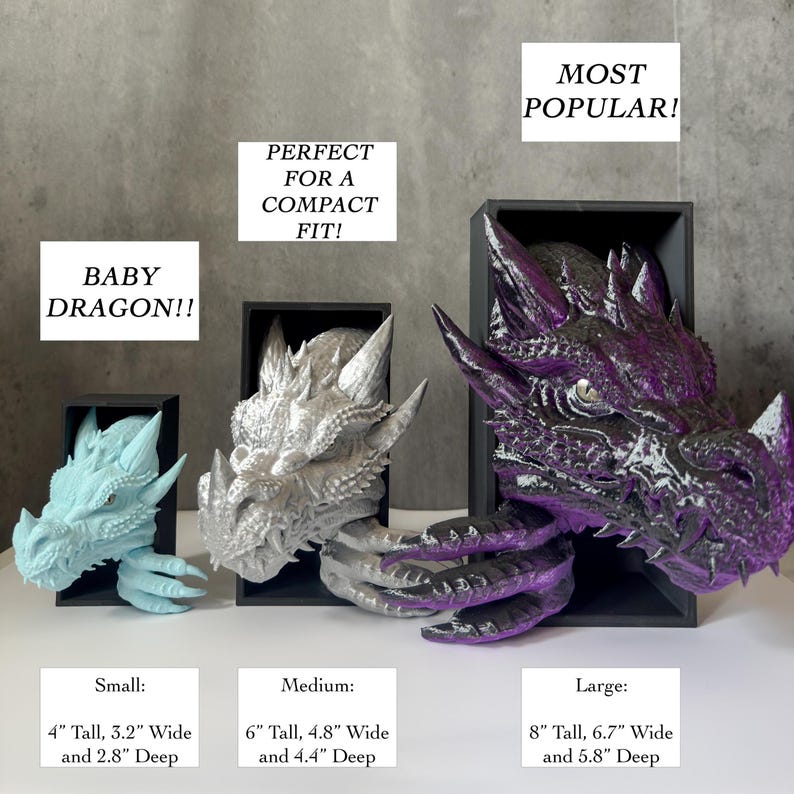 Sizing guide with three different Dragon book nook heads in sizes Small, Medium and Large