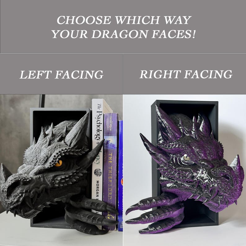 Two dragon book nooks, once facing left and the other facing right, showcasing the two different ordering options for orientation.