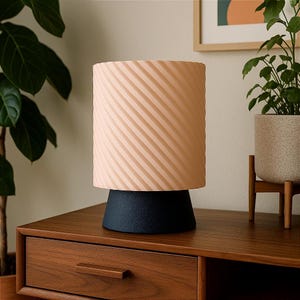 May include: A contemporary table lamp featuring a peach-toned, diagonally ribbed lampshade atop a dark blue base. The lamp is placed on a wooden surface. A plant in a pot is visible in the background. The design is minimalist and modern.