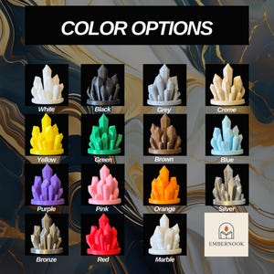 May include: A display of crystal sculptures in various colors, including white, black, grey, creme, yellow, green, brown, blue, purple, pink, orange, silver, bronze, red, and marble. The text "COLOR OPTIONS" is at the top.