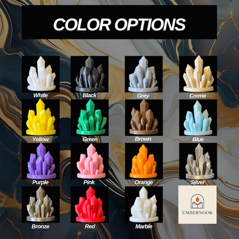 May include: A display of crystal sculptures in various colors, including white, black, grey, creme, yellow, green, brown, blue, purple, pink, orange, silver, bronze, red, and marble. The text "COLOR OPTIONS" is at the top.