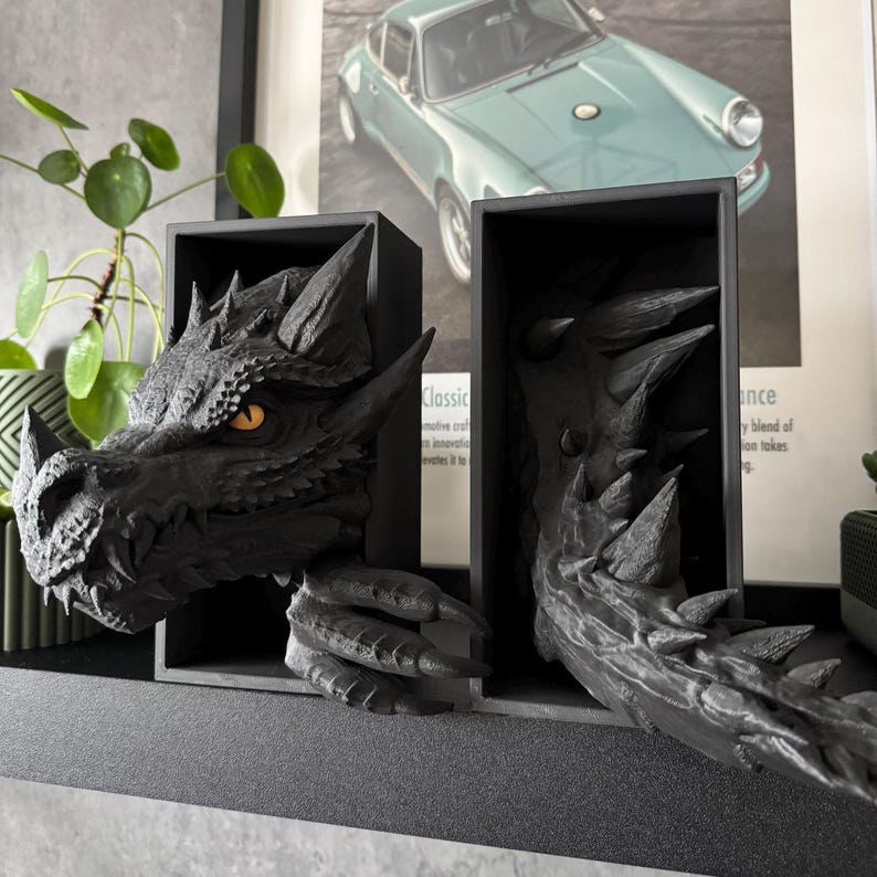 Black Dragon Book Nook with Yellow Eyes on a floating shelf