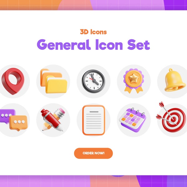 Cute 3D Icon Set | 10 General Icons | Transparent PNG Files | Instant Download