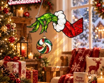 Green Hand Suncatcher With Christmas Bells | Funny Xmas Window Hanging | Christmas Decor | Holiday Gifts