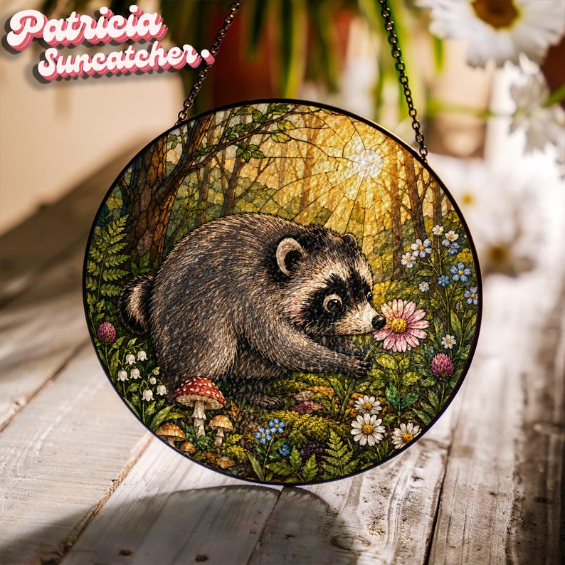 May include: A circular suncatcher featuring a detailed illustration of a raccoon in a forest setting with mushrooms and wildflowers. The artwork displays a sunlit woodland background with golden rays filtering through trees. It hangs by a metal chain.