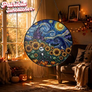 May include: A circular stained glass suncatcher featuring a stylized scene of a skeleton character sitting in a field of sunflowers under a swirling blue night sky with a castle, small ghosts, and a yellow moon, suspended by a metal chain.