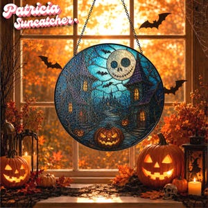 Jack Skellington Moon Haunted Castle Suncatcher | Skull Moon Window Art | Halloween Gothic Decor Gift