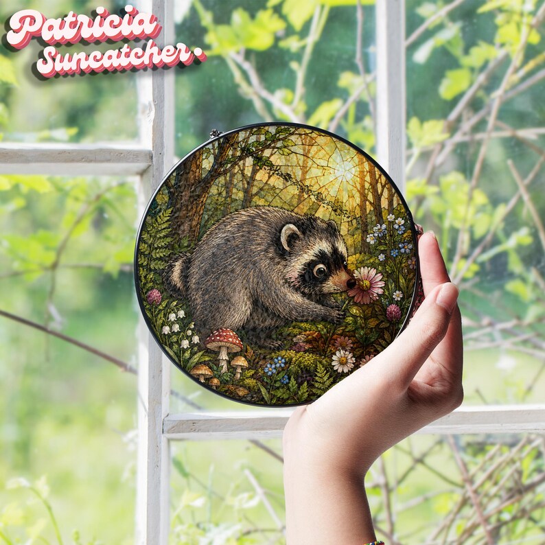 May include: A circular suncatcher featuring a detailed illustration of a raccoon in a forest setting with mushrooms, ferns, and wildflowers. The artwork displays a warm, sunlit woodland scene with a stained-glass effect, framed in a thin black border.