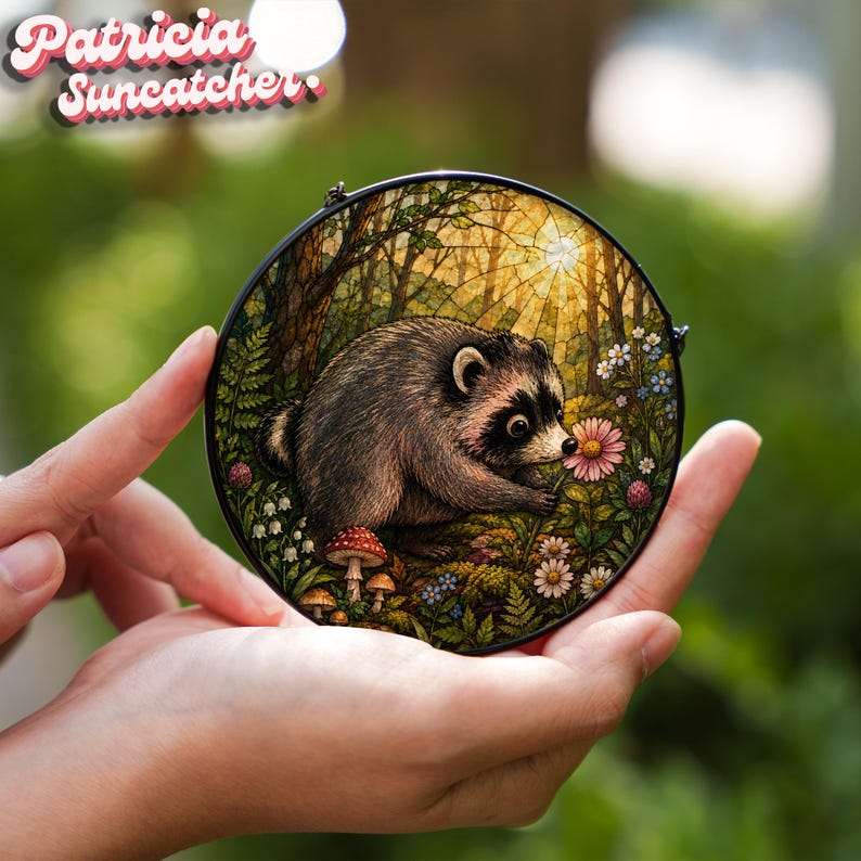 May include: A circular suncatcher featuring a detailed illustration of a raccoon in a forest setting with mushrooms, wildflowers, and sunlight filtering through the trees. The artwork is enclosed in a thin black metal frame with a hanging loop.