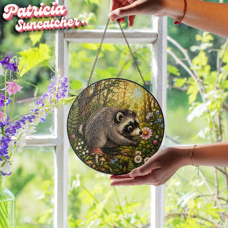 May include: A circular suncatcher featuring a detailed illustration of a raccoon in a forest setting with mushrooms and flowers. The artwork is framed in a thin black metal border and hangs from a delicate metal chain. The text Patricia Suncatcher is visible in the upper left corner.