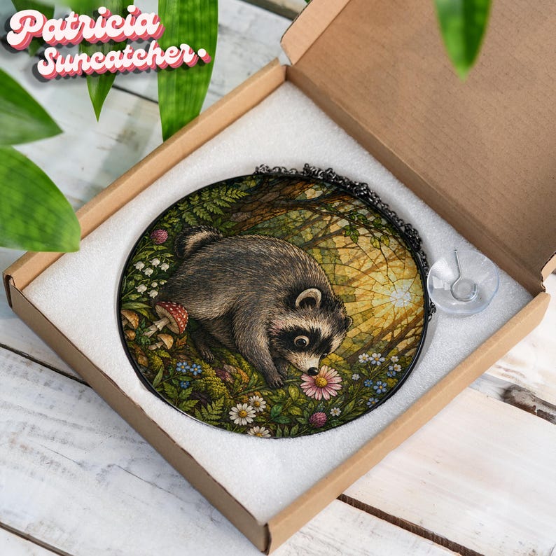 May include: A circular suncatcher featuring a detailed illustration of a raccoon in a forest setting with flowers, ferns, and mushrooms. The artwork is framed in a black metal border with a hanging chain and includes a clear suction cup attachment.