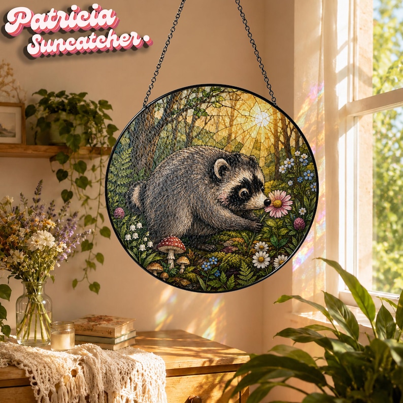 May include: A circular suncatcher featuring a detailed illustration of a raccoon in a forest setting with mushrooms and flowers. The artwork is enclosed in a black metal frame and suspended by a black chain. The text Patricia Suncatcher is visible.