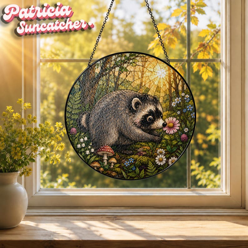 May include: A circular suncatcher featuring a detailed illustration of a grey raccoon in a forest setting with mushrooms and wildflowers. The artwork is enclosed in a black frame and hangs from a black metal chain against a window background.