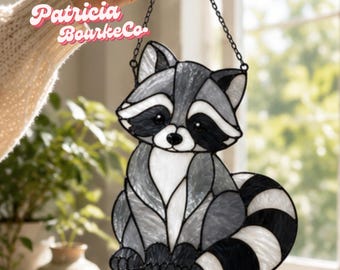 Raccoon Suncatcher, Woodland Animal Hanging, Forest Creature Wall Art, Stain Glass Effect