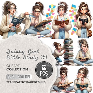 May include: A digital clipart collection titled "Quirky Girl Bible Study V1" featuring illustrations of young women reading and studying. The images include the text "BIBLE NOTES", and "22 PCS". The collection is in PNG format with a transparent background.