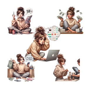 Puede incluir: Una serie de ilustraciones que representan a una mujer en varios escenarios relacionados con el gasto de dinero. Las ilustraciones muestran a la mujer comprando, pagando facturas y luchando con las finanzas. El texto de la imagen incluye "50% de descuento", "&iexcl;ERA UNA OFERTA, AS&Iacute; QUE T&Eacute;CNICAMENTE AHORR&Eacute; DINERO!" y "ALQUILER, COMIDA".