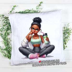 May include: White pillow with a cartoon illustration of a woman in workout attire, holding a drink. She is wearing a light green sports bra, gray leggings, and pink sneakers. The text "CAN ALSO USE FOR SUBLIMATION DESIGNS AND MORE" is at the bottom.
