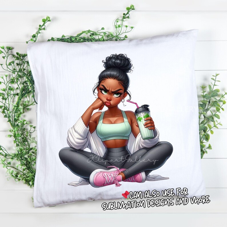 May include: White pillow with a cartoon illustration of a woman in workout attire, holding a drink. She is wearing a light green sports bra, gray leggings, and pink sneakers. The text "CAN ALSO USE FOR SUBLIMATION DESIGNS AND MORE" is at the bottom.