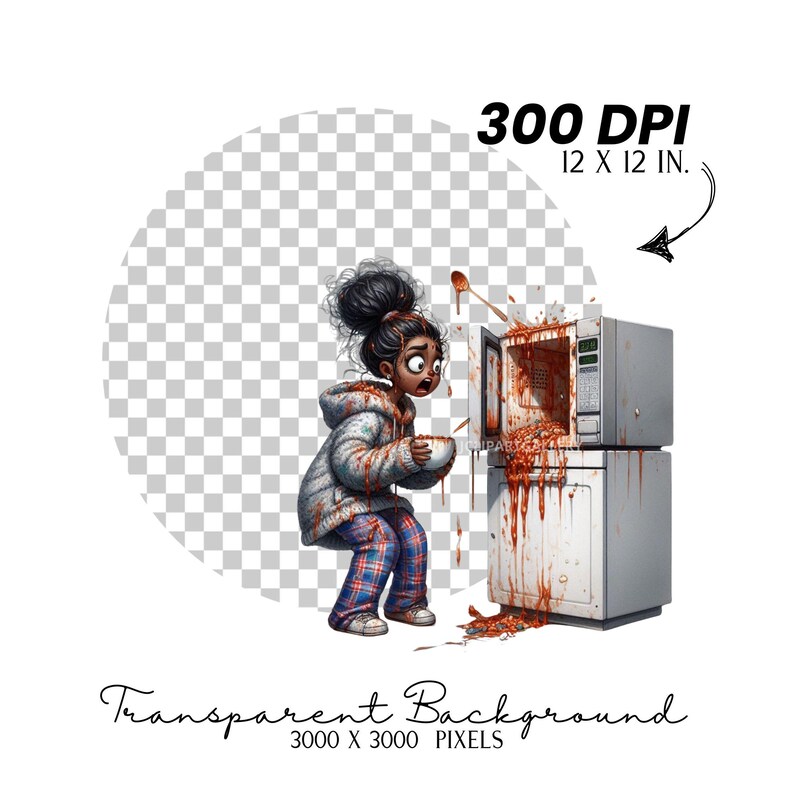 May include: A cartoon illustration of a person standing next to a microwave covered in red sauce. The person is holding a bowl of sauce. The microwave is 12 inches by 12 inches and 300 DPI.