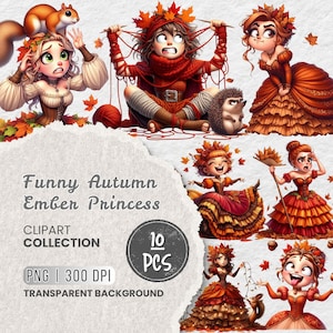 Op de afbeelding: Een digitale clipartcollectie getiteld "Funny Autumn Ember Princess" met cartoonillustraties van prinsessen met herfstthema's. De afbeeldingen bevatten een eekhoorn, een egel en herfstbladeren. De collectie bevat 10 stuks met een transparante achtergrond.