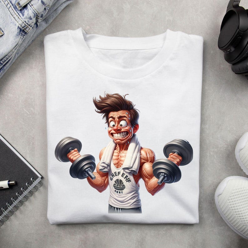 Puede incluir: Camiseta blanca con una ilustraci&oacute;n de dibujos animados de un hombre con una toalla alrededor del cuello levantando pesas. El hombre lleva un tanque blanco con el texto "Chef Erif" y un gr&aacute;fico de baloncesto.