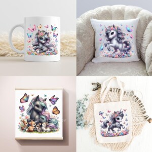 May include: A collection of unicorn-themed products. Includes a white mug, a throw pillow, a framed print, and a tote bag. Each item features a unicorn design with butterflies and floral accents in pastel colors. The unicorn has a gray body and a floral crown.