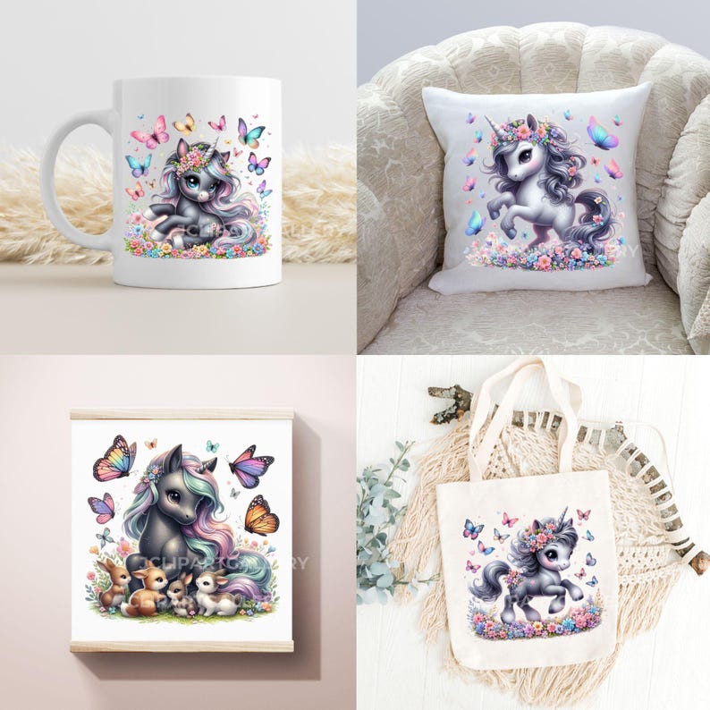 May include: A collection of unicorn-themed products. Includes a white mug, a throw pillow, a framed print, and a tote bag. Each item features a unicorn design with butterflies and floral accents in pastel colors. The unicorn has a gray body and a floral crown.