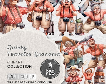 Imágenes prediseñadas de abuela viajera peculiar, ilustraciones divertidas de turistas mayores, imágenes prediseñadas de anciana, imágenes prediseñadas vintage de abuela viajera, proyectos, sublimación