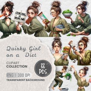 Pode incluir: Uma coleção digital de 22 ilustrações que representam uma garota excêntrica em uma dieta. As ilustrações mostram a garota em várias situações relacionadas à dieta, como comer uma barra de chocolate, segurar um prato de salada e usar uma balança. O texto "CRUNCHING MY DREAMS AWAY" aparece em uma das ilustrações.