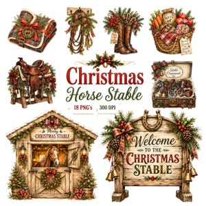 Pode incluir: Uma coleção digital de gráficos de estábulos de Natal com uma manta xadrez, rédea de couro, botas de montaria, uma cesta de aveia, uma sela, um baú, um estábulo com um cavalo e uma placa com o texto Christmas Horse Stable e Welcome to the Christmas Stable.