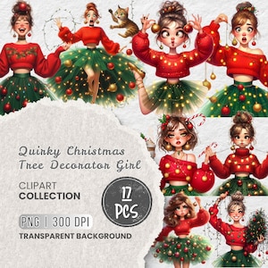 Op de afbeelding: Digitale clipartcollectie met illustraties van eigenzinnige kerstboomversiersters. De meisjes zijn afgebeeld in rode truien en groene tutu's versierd met kerstverlichting en kerstballen. De collectie bevat 17 PNG-afbeeldingen met een transparante achtergrond.