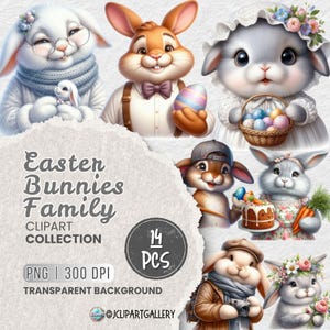 Easter bunny family clipart png bundle, 14 png easter bunny sublimation graphics, Cute cartoon rabbits for crafts, Invitation, Stickers, etc