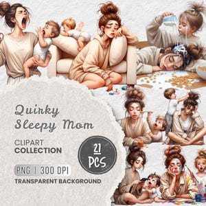 Puede incluir: Una colección de clipart digital de 21 ilustraciones que muestran a una madre en varias situaciones con sus hijos. Las ilustraciones son de estilo de dibujos animados y presentan una variedad de expresiones y poses. El texto "Quirky Sleepy Mom" y "21 PCS" está incluido en la imagen.