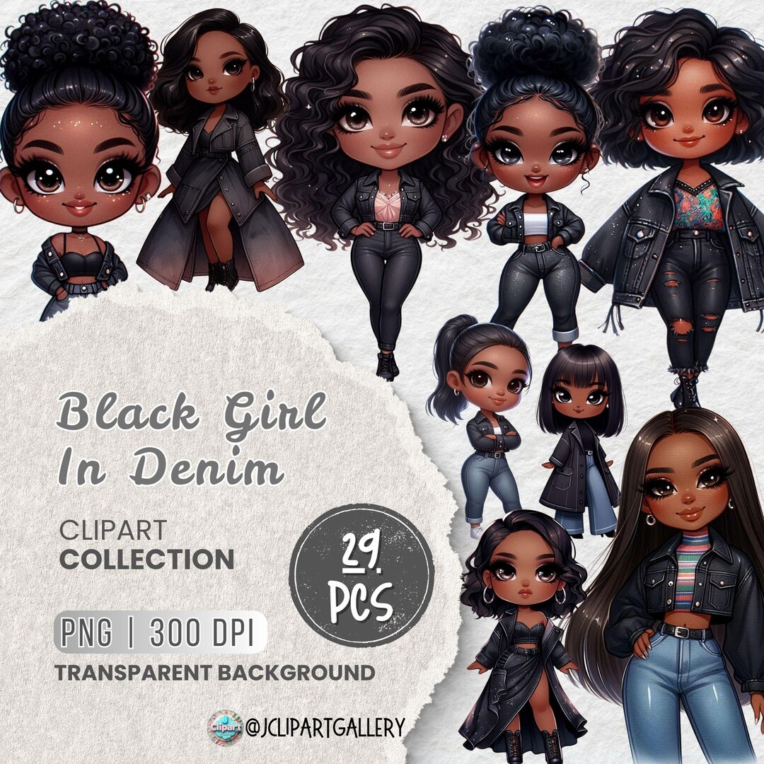 Chibi Black Girl Fashion PNG Clipart Bundle, Denim Outfit PNG ...