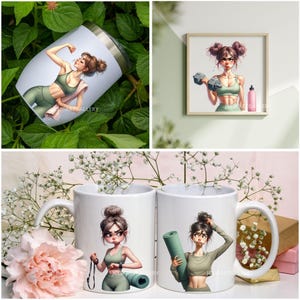 May include: Two white mugs with images of women exercising. One mug features a woman holding a yoga mat and the other mug features a woman holding a dumbbell. The mugs are on a pink surface with white flowers.