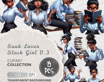以下が含まれることがあります： 「Book Lover Black Girl V.3」というタイトルのデジタルクリップアートコレクション。本を持った黒人女性の様々なポーズのイラストが特徴です。画像は透明な背景で、PNG形式です。