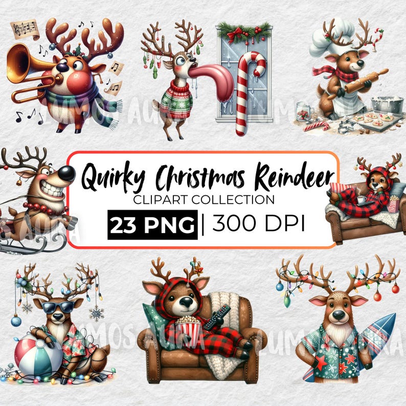 Quirky Reindeer Funny Christmas Clipart PNG, Whimsical Holiday Graphics