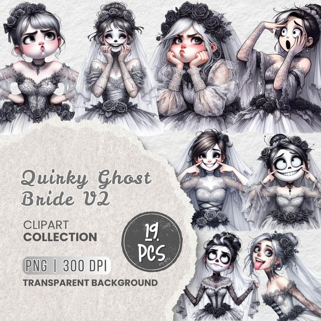 Gothic Halloween Bride PNG Bundle, Quirky Ghost Bride Clipart, Spooky ...